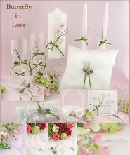 Butterfly in Love Collection, Unity Candle, Toasting Flutes, Ring Pillow, Cake Knife, Garter, Flower Girl Basket, Guest Book, Pen Set, Necklace, Earrings, Hair Pin