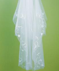 Two Tier White Standard Tulle Veil with Floral Embroidered Border & Cut  Edge