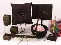 Mocha Dream Wedding Collection, Ring Pillow, Guest Book, Pen Set, Flower Girl Basket, Garter, Favour Boxes