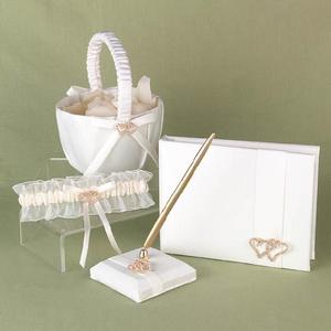 With All My Heart Collection Ivory, Flower Girl Basket, Ring Pillow, Garter, Guest Book, Pen Set