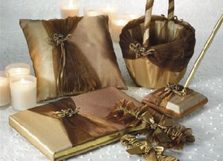 Bronze Elegance Bridal Collection: Ring Pillow, Glower Girl Basket, Gurst Book, Pen Set and Garter